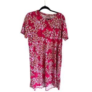LOGO Lori Goldstein Midi Dress Size LP Large Petite Pink Printed Short Sleeves